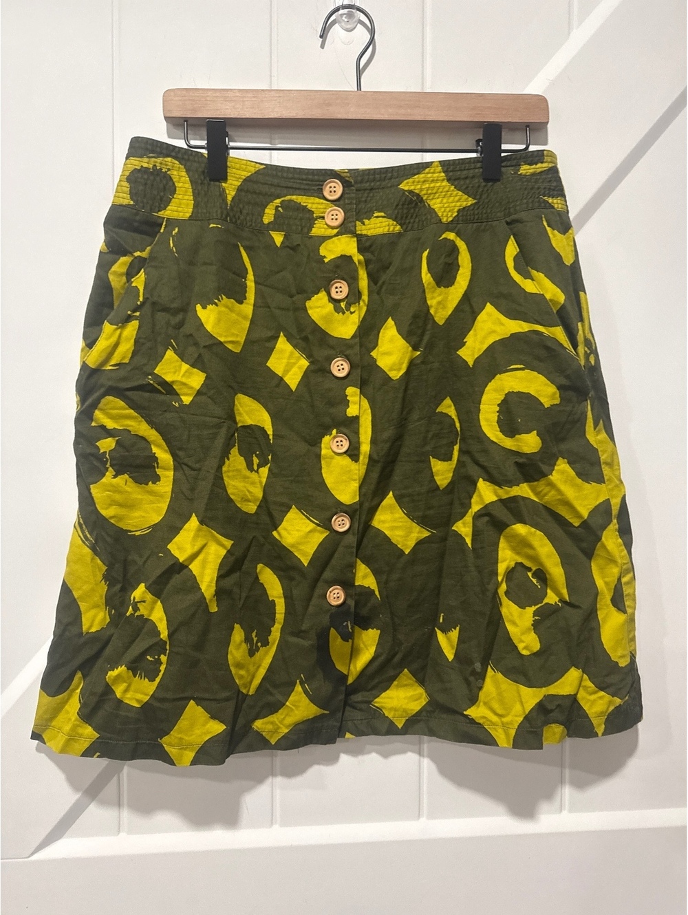 Marimekko for Anthropologie Olive Green and Yellow Button Front Skirt Size 10